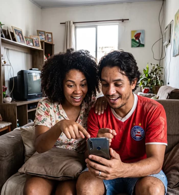 Casal sorrindo olhando celular no sofá